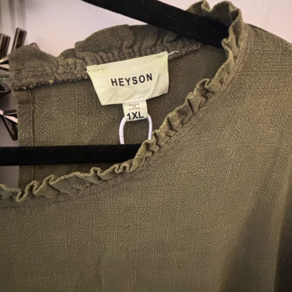 Heyson Size 1XL Green Washed Gauze Ruffled High Neck Long Sleeve Dress - Picture 8 of 13